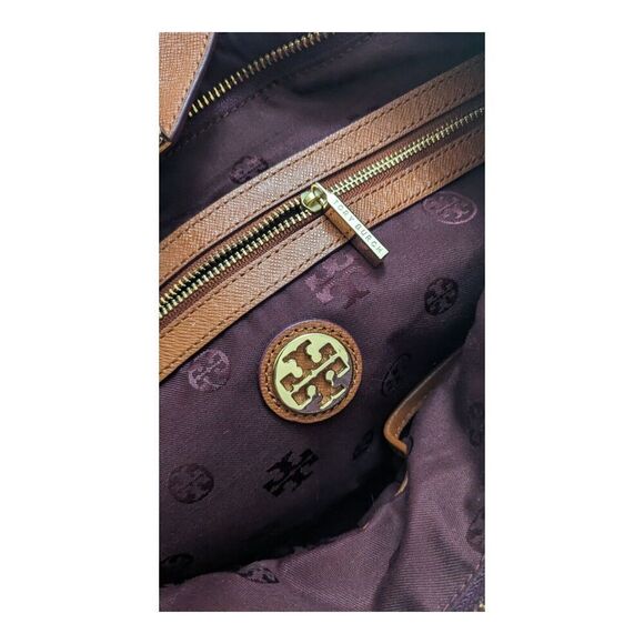 Tory Burch Purple Nylon Brown Leather Trim Double Handle Satchel Shoulder Bag - Picture 7 of 10